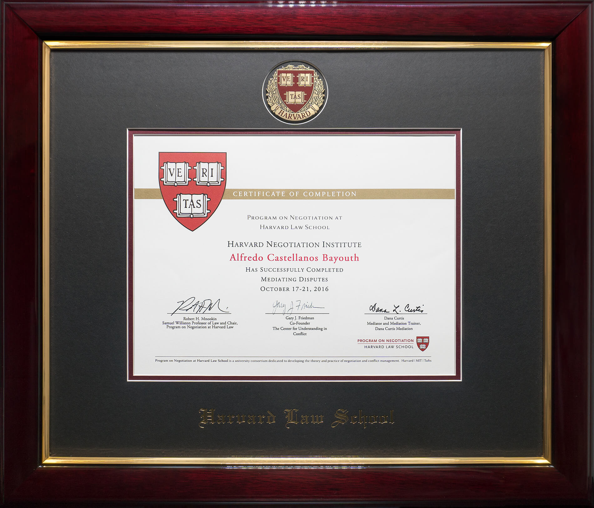 Certificate of Completion Harvard Law School/MIT/Tufts Premiere