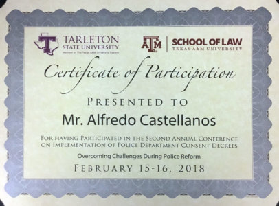 Second Annual Conference on Implementation of Police Department Consent Decrees -Tarleton’s School of Criminology, Criminal Justice and Strategic Studies / Texas A&M University School of Law.